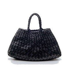 Dragon Diffusion Santa Croce Small Black with asymmetric leather straps and a woven basket-like design.