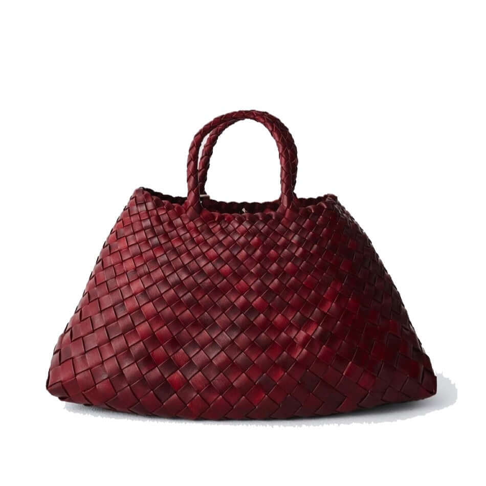 Dragon Diffusion Santa Croce Small Bordo with asymmetric leather straps and a woven basket-like design.