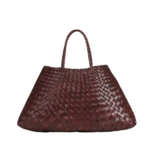 Dragon Diffusion Santa Croce Small Bruciato with asymmetric leather straps and a woven basket-like design.