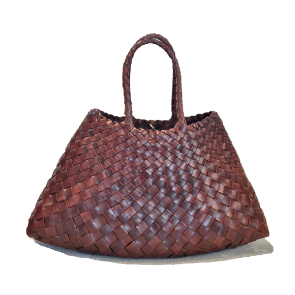 Dragon Diffusion Santa Croce Small Bruciato with asymmetric leather straps and a woven basket-like design.