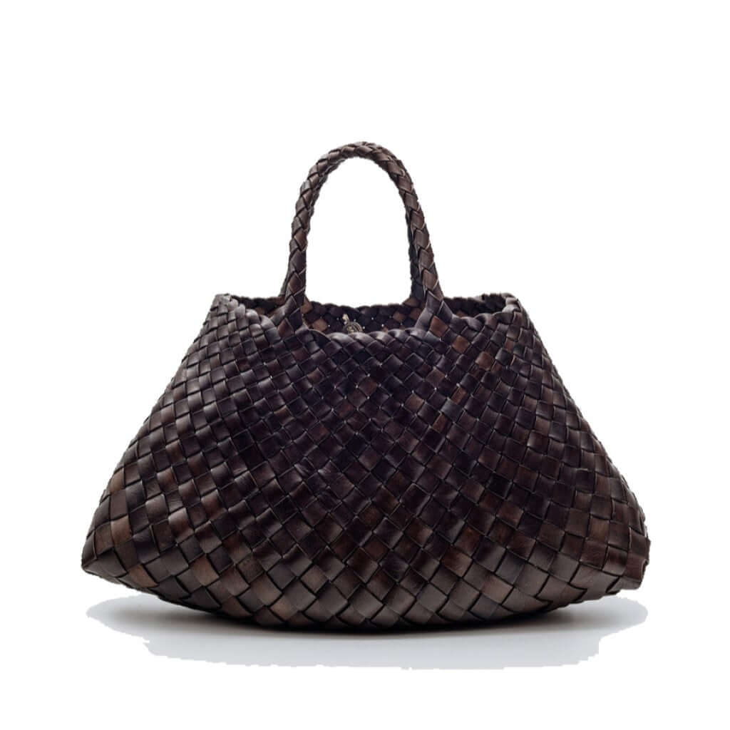 Dragon Diffusion Santa Croce Small Dark Brown with asymmetric leather straps and a woven basket-like design.