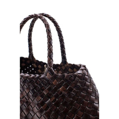 Dragon Diffusion Santa Croce Small Dark Brown with asymmetric leather straps and a woven basket-like design.