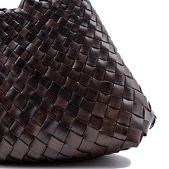Dragon Diffusion Santa Croce Small Dark Brown with asymmetric leather straps and a woven basket-like design.