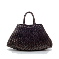 Dragon Diffusion Santa Croce Small Dark Brown with asymmetric leather straps and a woven basket-like design.