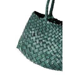 Dragon Diffusion Santa Croce Small Forest with asymmetric leather straps and a woven basket-like design.