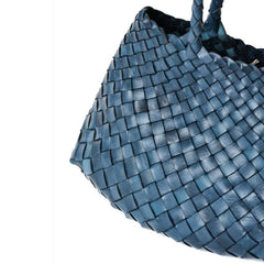 Dragon Diffusion Santa Croce Small Marine with asymmetric leather straps and a woven basket-like design.
