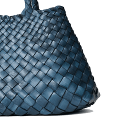 Dragon Diffusion Santa Croce Small Marine with asymmetric leather straps and a woven basket-like design.
