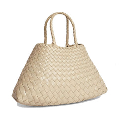Dragon Diffusion Santa Croce Small Pearl with asymmetric leather straps and a woven basket-like design.