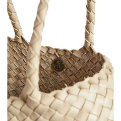 Dragon Diffusion Santa Croce Small Pearl with asymmetric leather straps and a woven basket-like design.