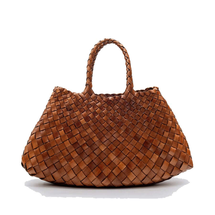 Dragon Diffusion Santa Croce Small Tan handbag with asymmetric leather straps and a woven basket-like design.
