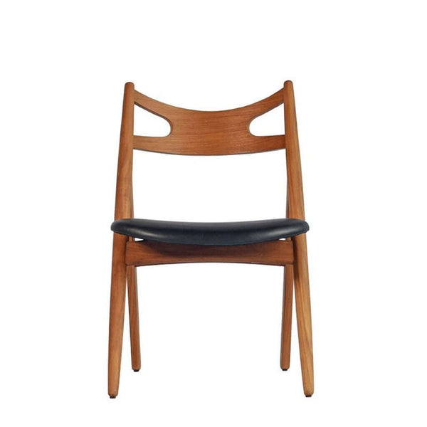 Sawbuck Chair Black Leather in teak natural finish