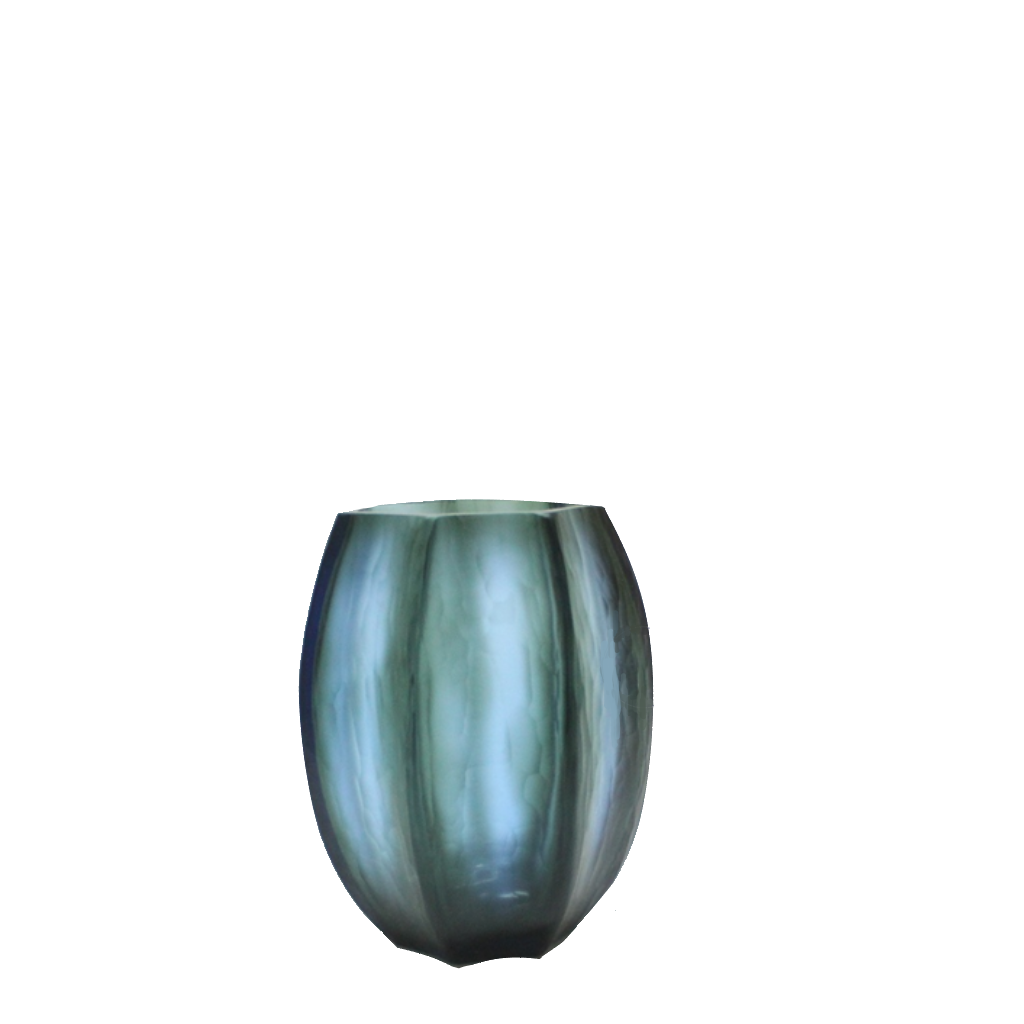 Seafog Vase 17cm in soft blue-grey-green frosted glass, its smooth vertical panels and opalescent finish giving it a quiet, luminous quality like light diffused through coastal mist.