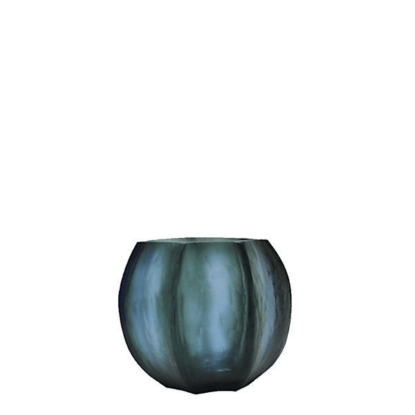 Seafog Tealight Holder 7cm in blue-grey-green frosted glass, its soft vertical panels glowing with a cool, watery light when a flame burns gently inside.