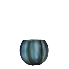 Seafog Tealight Holder 7cm in blue-grey-green frosted glass, its soft vertical panels glowing with a cool, watery light when a flame burns gently inside.