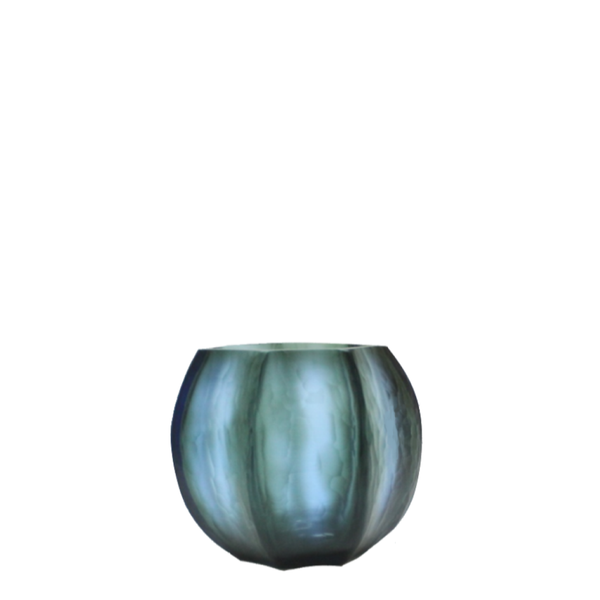 Seafog Tealight Holder 7cm in blue-grey-green frosted glass, its soft vertical panels glowing with a cool, watery light when a flame burns gently inside.