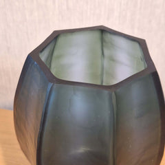 Seafog Vase 17cm in soft blue-grey-green frosted glass, its smooth vertical panels and opalescent finish giving it a quiet, luminous quality like light diffused through coastal mist.