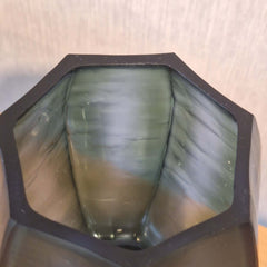 Seafog Vase 17cm in soft blue-grey-green frosted glass, its smooth vertical panels and opalescent finish giving it a quiet, luminous quality like light diffused through coastal mist.