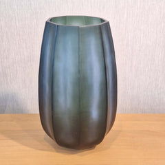 Seafog Vase 41cm in deep blue-grey-green frosted glass, with strong vertical panels that rise the full height — dramatic and commanding, like sea cliffs disappearing into mist.