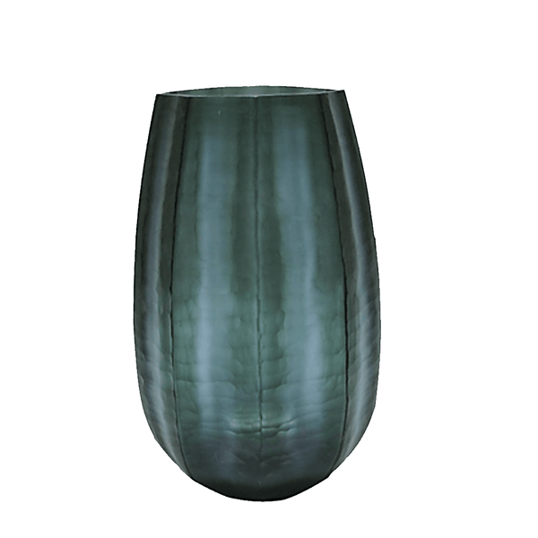 Seafog Vase 41cm in deep blue-grey-green frosted glass, with strong vertical panels that rise the full height — dramatic and commanding, like sea cliffs disappearing into mist.