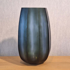 Seafog Vase 41cm in deep blue-grey-green frosted glass, with strong vertical panels that rise the full height — dramatic and commanding, like sea cliffs disappearing into mist.