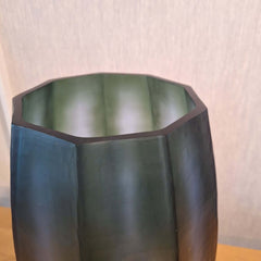 Seafog Vase 41cm in deep blue-grey-green frosted glass, with strong vertical panels that rise the full height — dramatic and commanding, like sea cliffs disappearing into mist.