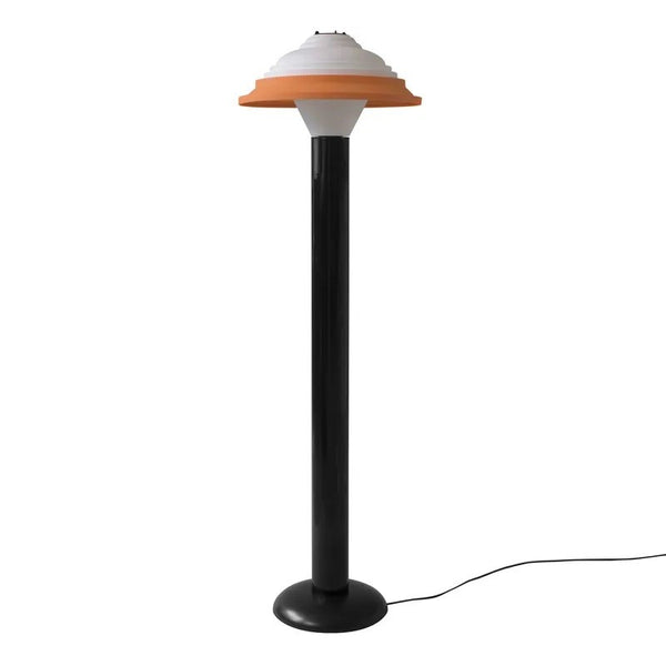 FL4 Floor Lamp Black-White with a black base and white shade, with an orange band around the shade. Design by George Sowden