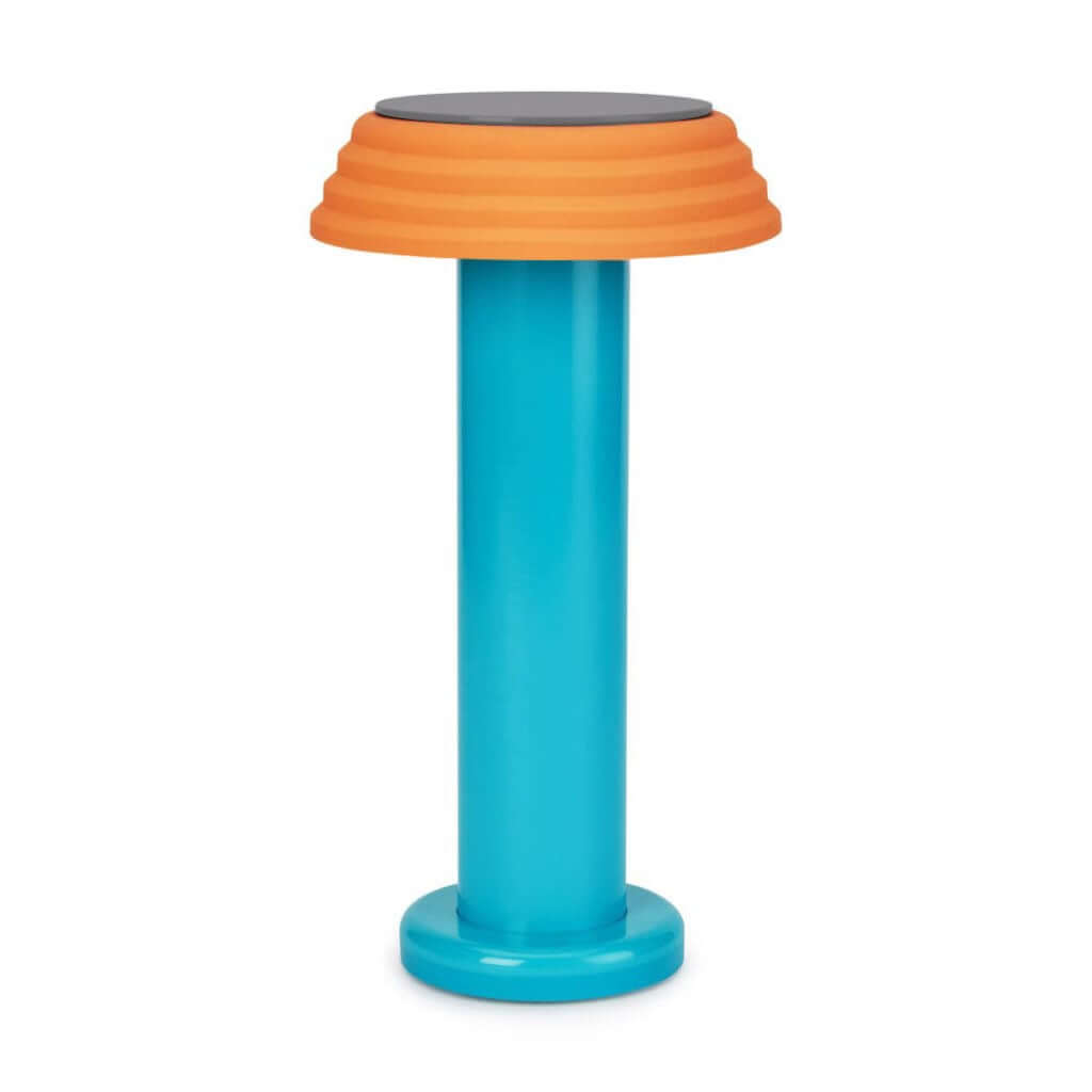 PL1 Portable Table Light Blue-Orange with a blue base and orange lampshade, designed by George Sowden.