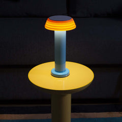 PL1 Portable Table Light Blue-Orange with a blue base and orange lampshade, designed by George Sowden.