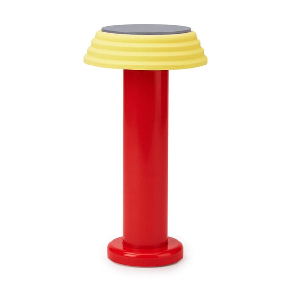 PL1 Portable Table Light Red-Yellow with a red base and yellow lampshade, designed by George Sowden.
