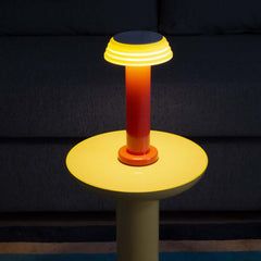 PL1 Portable Table Light Red-Yellow with a red base and yellow lampshade, designed by George Sowden.