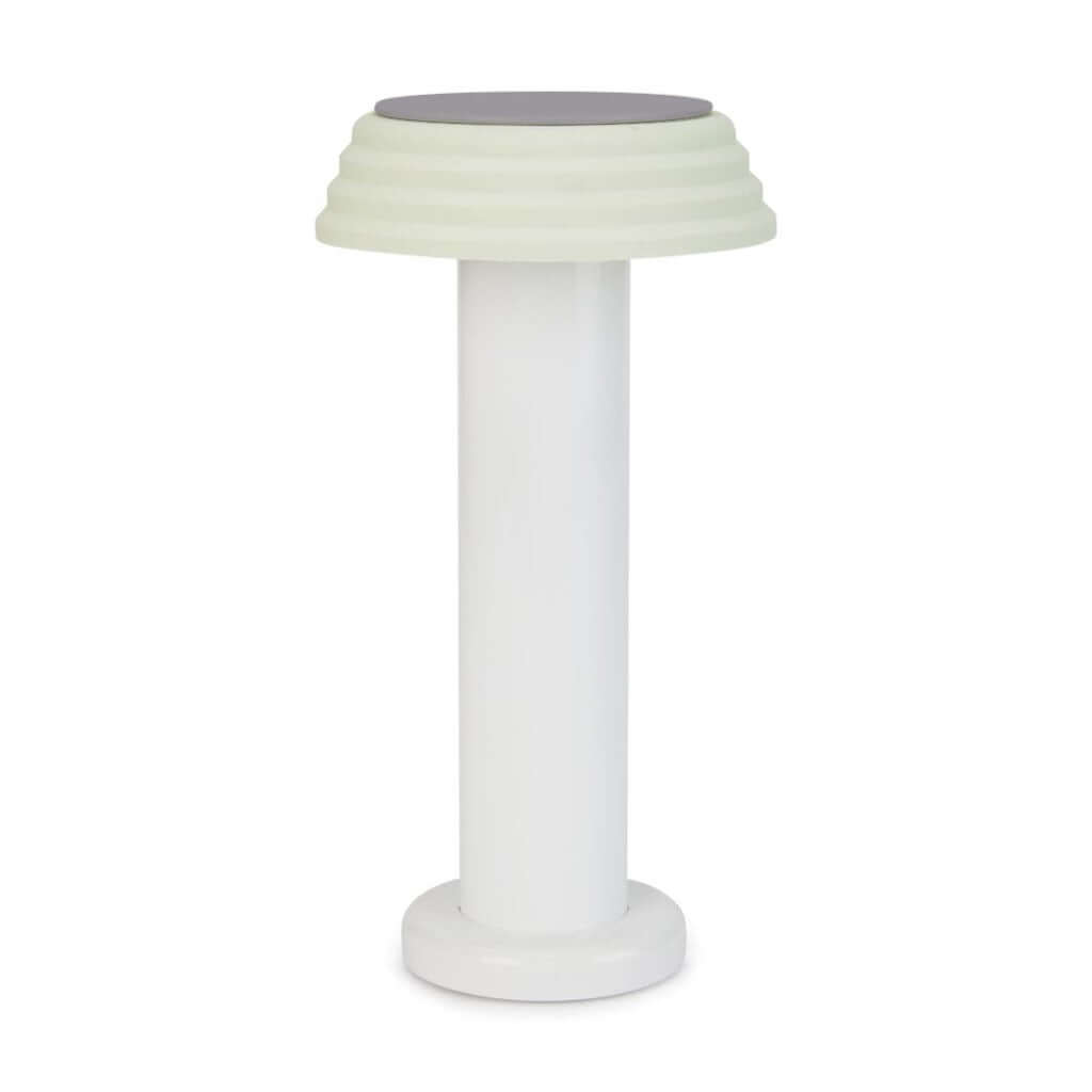 PL1 Portable Table Light White-Green with a white base and green lampshade, designed by George Sowden