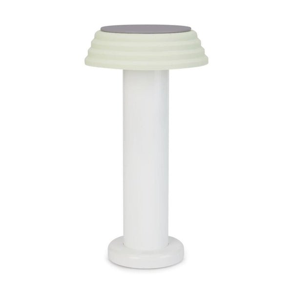 PL1 Portable Table Light White-Green with a white base and green lampshade, designed by George Sowden