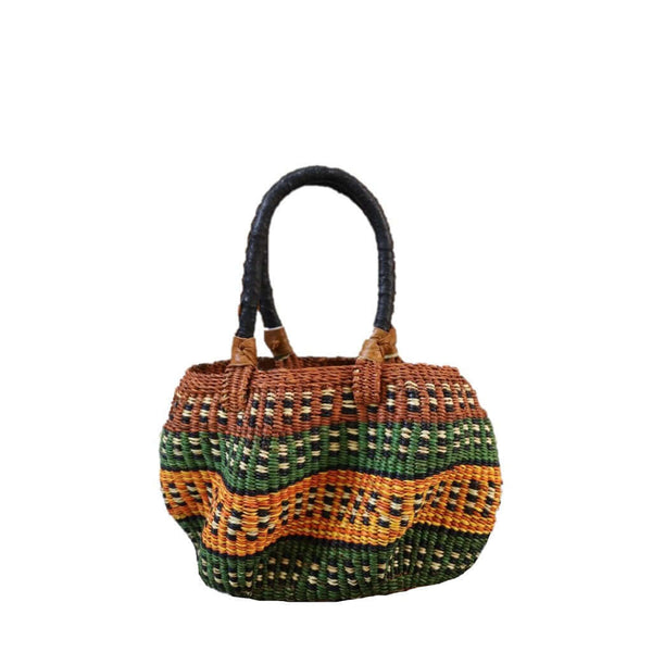 Baba Tree handwoven Stay Flow Basket Handbag 00004 with black handle, made of elephant grass in Ghana