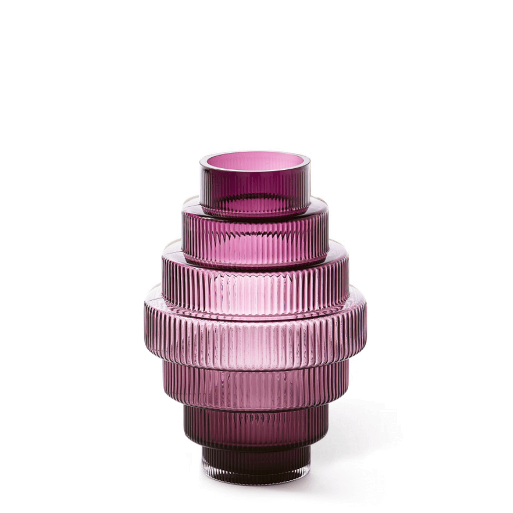 Steps Vase Small Purple with vertical ridges, featuring an intricate and textured design, by Pols Potten
