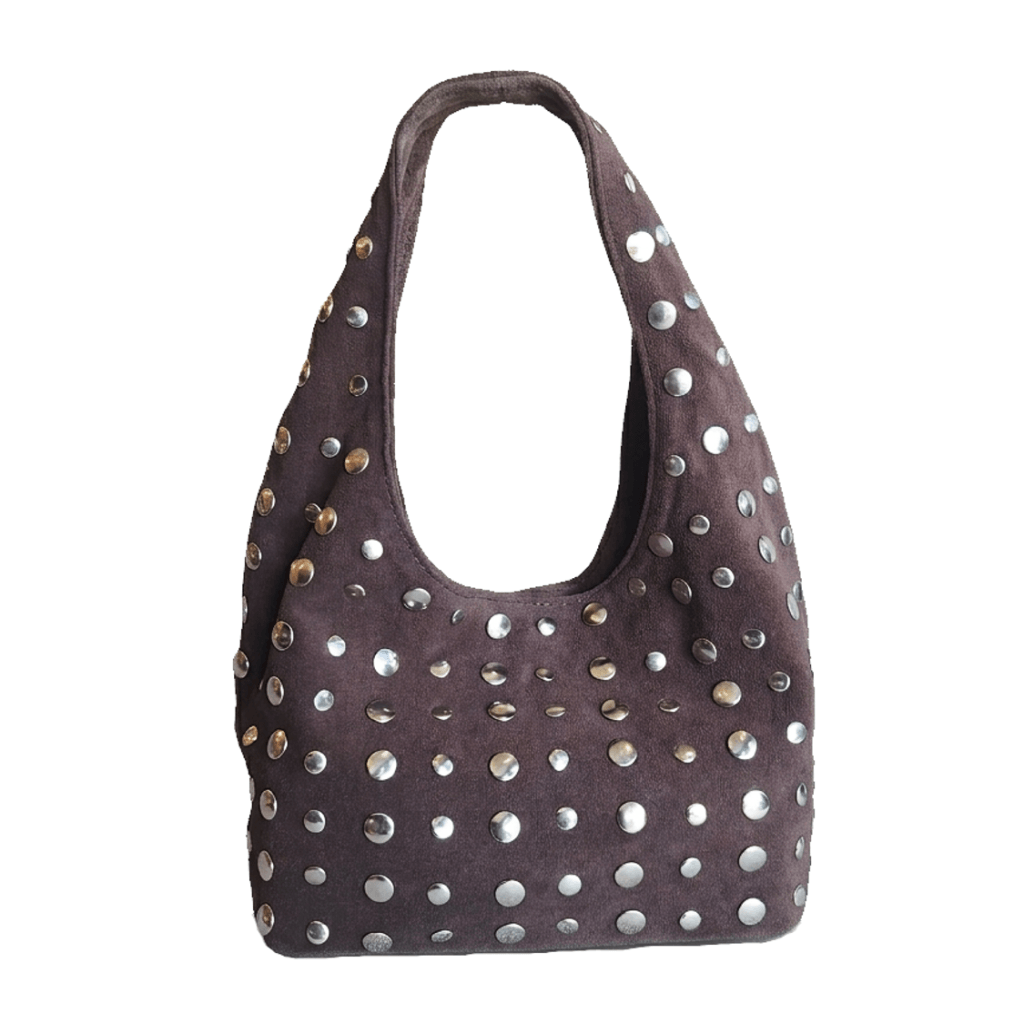 Studded Bag Suede Darkt Brown with stud detailing and single top handle.