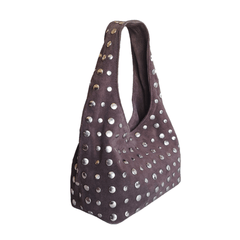 Studded Bag Suede Dark Brown with stud detailing and single top handle.