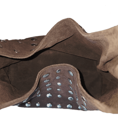 Interior view of Studded Bag Suede Dark Brown showing matching suede lining in dark brown

