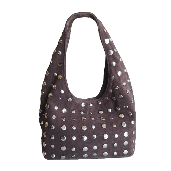 Studded Bag Suede Darkt Brown with stud detailing and single top handle.