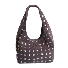 Studded Bag Suede Darkt Brown with stud detailing and single top handle.