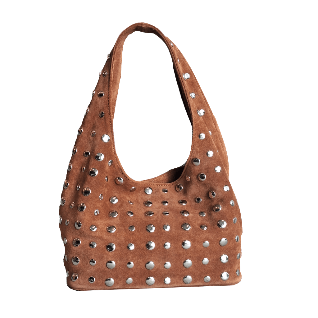 Studded Bag Suede Light Brown with stud detailing and single top handle.