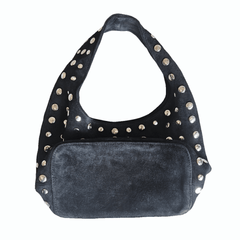 Studded Bag Suede Matte Black with stud detailing and single top handle.