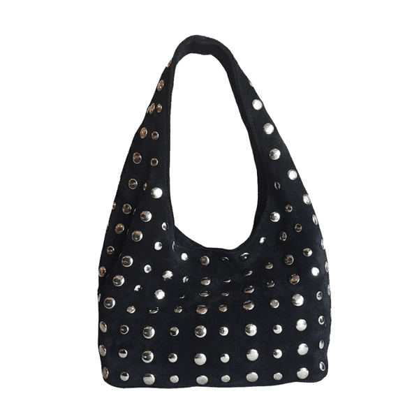 Studded Bag Suede Matte Black with stud detailing and single top handle.