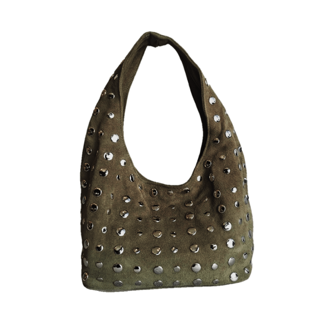 Studded Bag Suede Olive Green with stud detailing and single top handle.