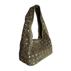 Studded Bag Suede Olive Green with stud detailing and single top handle.