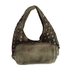 Studded Bag Suede Olive Green with stud detailing and single top handle.