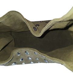 Interior view of Studded Bag Suede Olive Green showing matching suede lining in olive green
