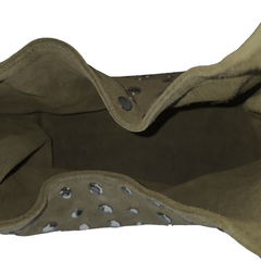 Interior view of Studded Bag Suede Olive Green showing matching suede lining in olive green