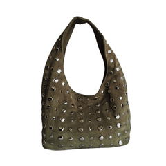 Studded Bag Suede Olive Green with stud detailing and single top handle.