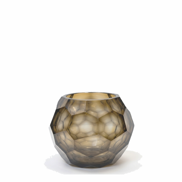 Sunhive Tealight Holder 8cm in warm smoky taupe frosted glass, its compact form wrapped in angular faceted cells that catch and hold the light with a quiet, burnished warmth.