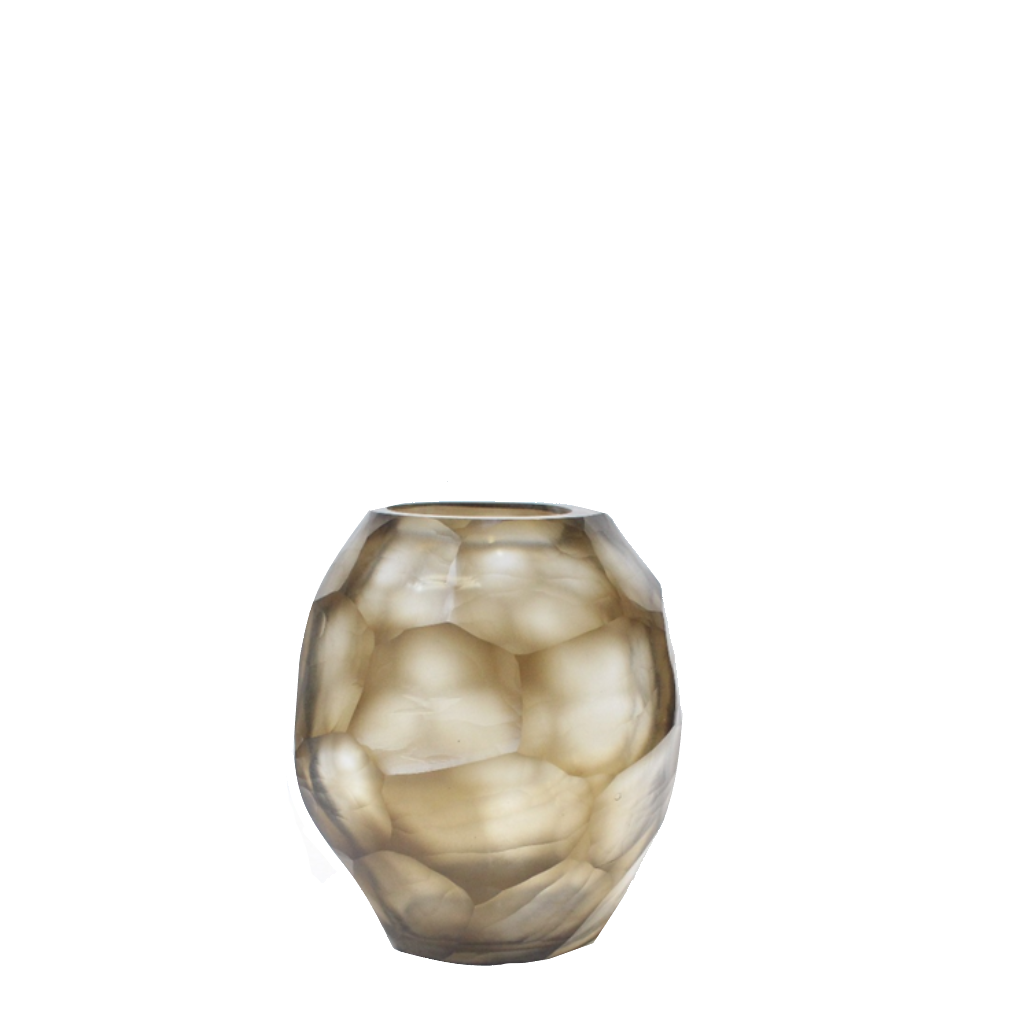 Sunhive Vase 16cm in warm smoky taupe frosted glass, its compact form wrapped in angular faceted cells that catch and hold the light with a quiet, burnished warmth.